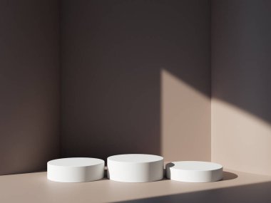 3D podyum pastel kahverengi arka plan, gölgeli. Güzellik için minimum kaide, kozmetik ürün sunumu. yaz ve bahar kadınsı kopya alanı şablonu