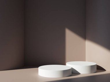 3D podyum pastel kahverengi arka plan, gölgeli. Güzellik için minimum kaide, kozmetik ürün sunumu. yaz ve bahar kadınsı kopya alanı şablonu