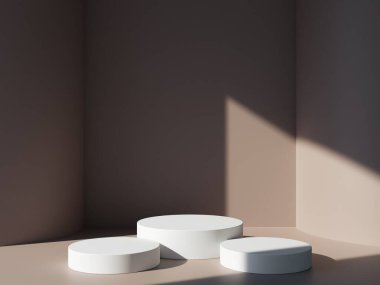 3D podyum pastel kahverengi arka plan, gölgeli. Güzellik için minimum kaide, kozmetik ürün sunumu. yaz ve bahar kadınsı kopya alanı şablonu