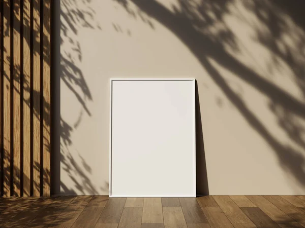 Σκελετός Mockup Ξύλινο Πάτωμα Λευκό Τοίχο Και Αφήνει Σκιά — Φωτογραφία Αρχείου