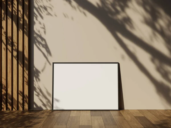 Σκελετός Mockup Ξύλινο Πάτωμα Λευκό Τοίχο Και Αφήνει Σκιά — Φωτογραφία Αρχείου