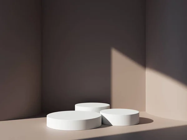 3D podyum pastel kahverengi arka plan, gölgeli. Güzellik için minimum kaide, kozmetik ürün sunumu. yaz ve bahar kadınsı kopya alanı şablonu