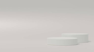 Boş podyum ya da yumuşak arkaplanda silindir stand konseptiyle kaide görüntüsü. Boş ürün rafı ayakta duruyor. 3B görüntüleme.