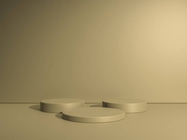 Geometrik podyum platformlu 3D ürün kahverengi minimal sahne. Podyumlu silindir arkaplan 3d. Kozmetik ürünleri anlamına geliyor. 3D Kahverengi Stüdyoda Sahne Gösterimi