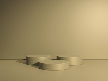 Geometrik podyum platformlu 3D ürün kahverengi minimal sahne. Podyumlu silindir arkaplan 3d. Kozmetik ürünleri anlamına geliyor. 3D Kahverengi Stüdyoda Sahne Gösterimi