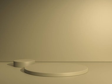 Geometrik podyum platformlu 3D ürün kahverengi minimal sahne. Podyumlu silindir arkaplan 3d. Kozmetik ürünleri anlamına geliyor. 3D Kahverengi Stüdyoda Sahne Gösterimi