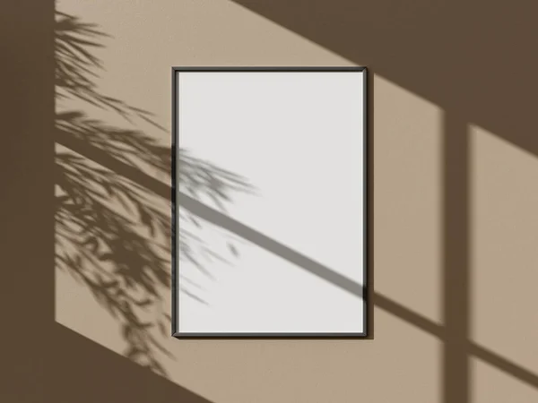 壁叶阴影下极小的黑色垂直画框模型 — 图库照片