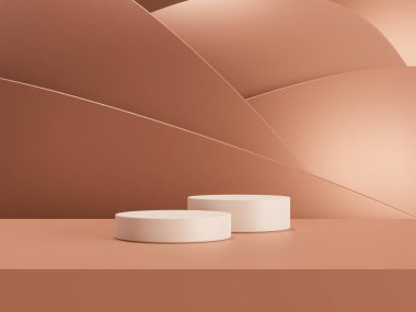 Kahverengi fondöten kremi, güzellik ve kozmetik ürünlerinin sergilendiği 3D podyum.