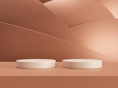 Kahverengi fondöten kremi, güzellik ve kozmetik ürünlerinin sergilendiği 3D podyum.