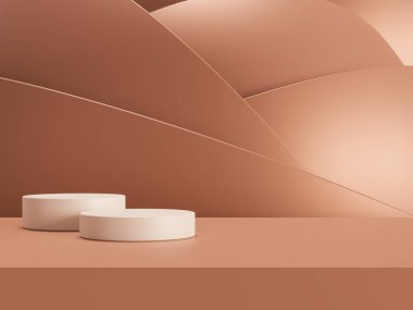 Kahverengi fondöten kremi, güzellik ve kozmetik ürünlerinin sergilendiği 3D podyum.