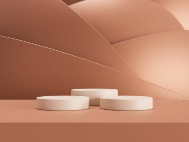 Kahverengi fondöten kremi, güzellik ve kozmetik ürünlerinin sergilendiği 3D podyum.