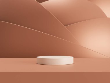 Kahverengi fondöten kremi, güzellik ve kozmetik ürünlerinin sergilendiği 3D podyum.