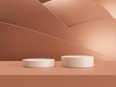 Kahverengi fondöten kremi, güzellik ve kozmetik ürünlerinin sergilendiği 3D podyum.