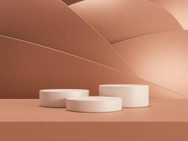 Kahverengi fondöten kremi, güzellik ve kozmetik ürünlerinin sergilendiği 3D podyum.