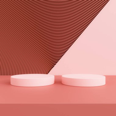 Geometrik podyum platformlu 3D ürün minimal görüntüsü. Podyumlu silindir arkaplan 3d. Kozmetik ürünleri anlamına geliyor. 3D stüdyosundaki sahne gösterisi.