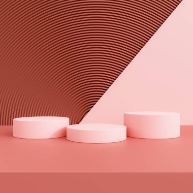 Geometrik podyum platformlu 3D ürün minimal görüntüsü. Podyumlu silindir arkaplan 3d. Kozmetik ürünleri anlamına geliyor. 3D stüdyosundaki sahne gösterisi.