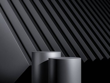 Zarif siyah silindir ürün yerleştirme modeli için. Karanlık podyum sahne geçmişi. Metal arka planlı minimal platform galerisi