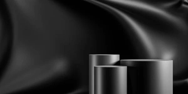 Elegant black round stand for product placement mockup. Dark podium exhibition scene background. Minimal cylinder platform showroom with spot light.