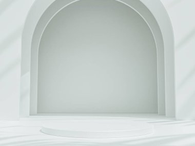 Boş podyum ya da beyaz kemer arkaplanında silindir stand kavramına sahip kaide görüntüsü. Boş ürün rafı ayakta duruyor. 3B görüntüleme.