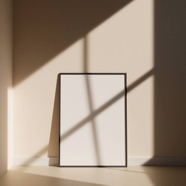 Siyah çerçeveli bir duvarda dikey siyah resim çerçevesi. Boş Model