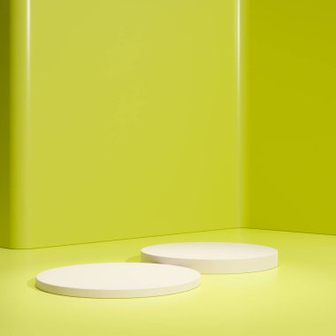 Sarı podyum silindiri, asgari arkaplanda soyut sahne platformu veya ürün stüdyo geometrik şekli ve boş kaidesel sahne alanı ile boş sunum yaz satışı arka planı.