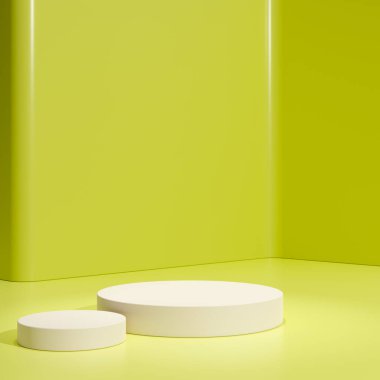 Sarı podyum silindiri, asgari arkaplanda soyut sahne platformu veya ürün stüdyo geometrik şekli ve boş kaidesel sahne alanı ile boş sunum yaz satışı arka planı.