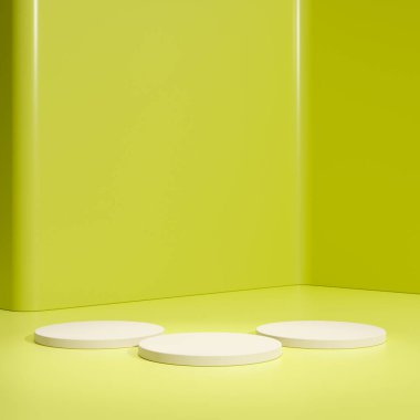 Sarı podyum silindiri, asgari arkaplanda soyut sahne platformu veya ürün stüdyo geometrik şekli ve boş kaidesel sahne alanı ile boş sunum yaz satışı arka planı.