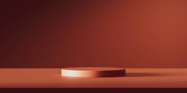 Podyumlu en az kırmızı arkaplan. Doğal kozmetik sunumu için yuvarlak kaide. 3d oluşturma.