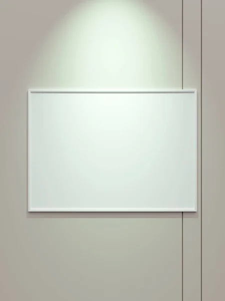 带有聚光灯的白色墙纸上最小的白色水平画框 — 图库照片