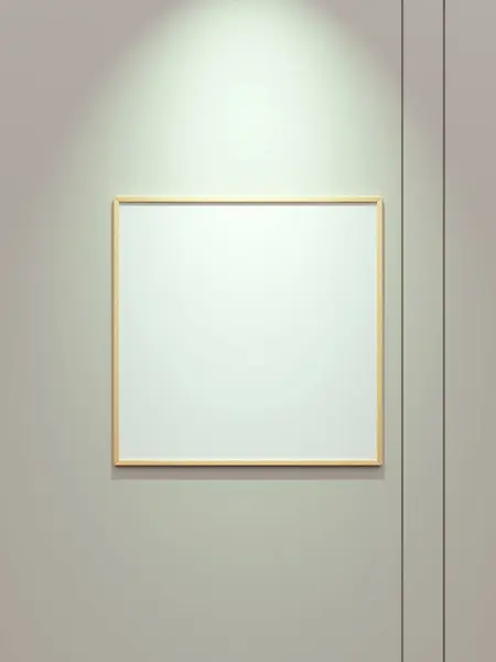 スポットライトが付いている白い壁紙の小さい木の正方形の絵のポスター フレームのモックアップ — ストック写真
