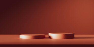 Podyumlu en az kırmızı arkaplan. Doğal kozmetik sunumu için yuvarlak kaide. 3d oluşturma.