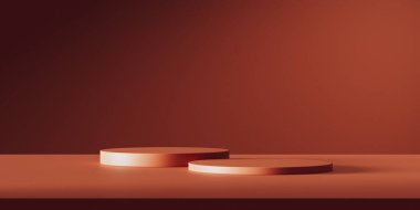 Podyumlu en az kırmızı arkaplan. Doğal kozmetik sunumu için yuvarlak kaide. 3d oluşturma.