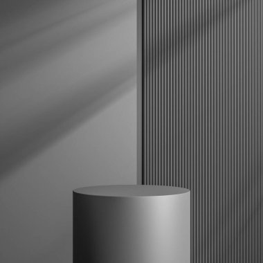 Zarif siyah silindir ürün yerleştirme modeli için. Dark Metal podyum sahne arkası. Gölgeli minimal platform sergi salonu.