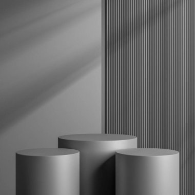 Zarif siyah silindir ürün yerleştirme modeli için. Dark Metal podyum sahne arkası. Gölgeli minimal platform sergi salonu.
