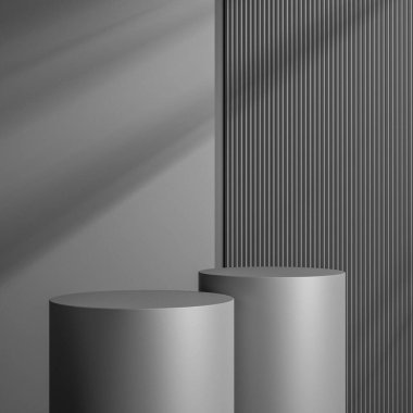 Zarif siyah silindir ürün yerleştirme modeli için. Dark Metal podyum sahne arkası. Gölgeli minimal platform sergi salonu.