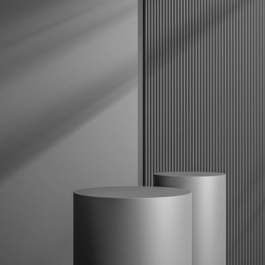 Zarif siyah silindir ürün yerleştirme modeli için. Dark Metal podyum sahne arkası. Gölgeli minimal platform sergi salonu.