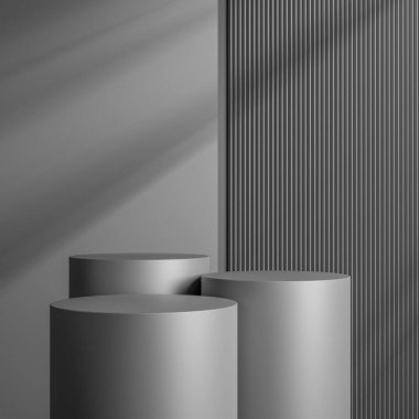 Zarif siyah silindir ürün yerleştirme modeli için. Dark Metal podyum sahne arkası. Gölgeli minimal platform sergi salonu.