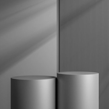 Zarif siyah silindir ürün yerleştirme modeli için. Dark Metal podyum sahne arkası. Gölgeli minimal platform sergi salonu.