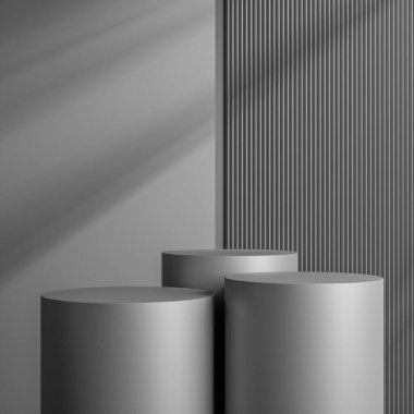 Zarif siyah silindir ürün yerleştirme modeli için. Dark Metal podyum sahne arkası. Gölgeli minimal platform sergi salonu.
