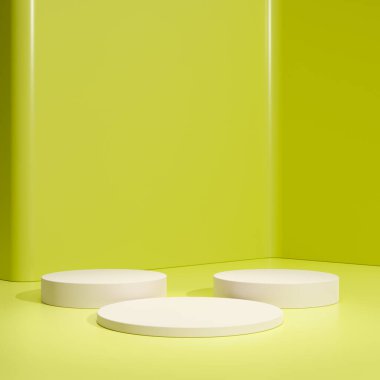 Sarı podyum silindiri, asgari arkaplanda soyut sahne platformu veya ürün stüdyo geometrik şekli ve boş kaidesel sahne alanı ile boş sunum yaz satışı arka planı.
