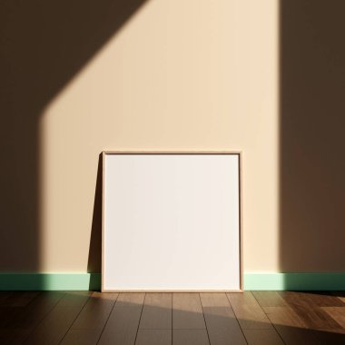 Duvardaki boş resim çerçevesi modeli. Kahverengi oturma odası tasarımı. Modern iç görünüş ve sanat eserleri duvarda taklit edilir..