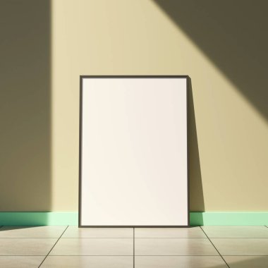 Oturma odasında pencere gölgesi olan bir poster çerçevesi.