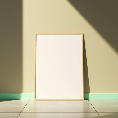 Oturma odasında pencere gölgesi olan bir poster çerçevesi.