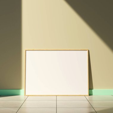 Oturma odasında pencere gölgesi olan bir poster çerçevesi.