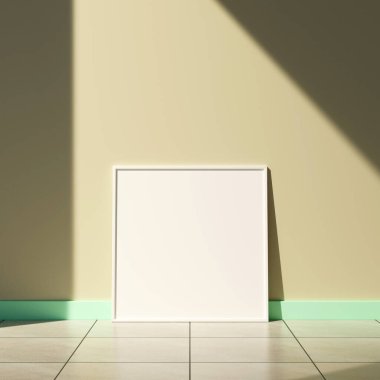 Oturma odasında pencere gölgesi olan bir poster çerçevesi.