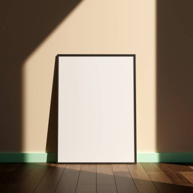 Duvardaki boş resim çerçevesi modeli. Kahverengi oturma odası tasarımı. Modern iç görünüş ve sanat eserleri duvarda taklit edilir..