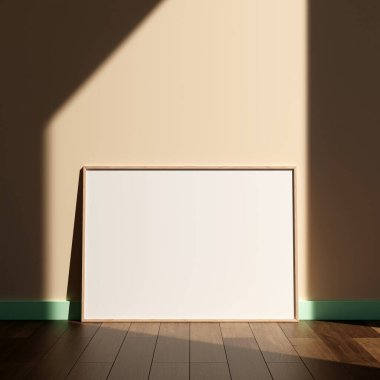 Duvardaki boş resim çerçevesi modeli. Kahverengi oturma odası tasarımı. Modern iç görünüş ve sanat eserleri duvarda taklit edilir..