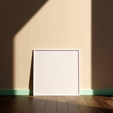 Duvardaki boş resim çerçevesi modeli. Kahverengi oturma odası tasarımı. Modern iç görünüş ve sanat eserleri duvarda taklit edilir..