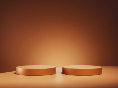 Kahverengi arkaplanda kahverengi bir podyum. Lüks ürün yerleştirme modeli. Premium moda ve güzellik sahne şablonu.