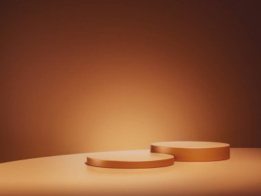Kahverengi arkaplanda kahverengi bir podyum. Lüks ürün yerleştirme modeli. Premium moda ve güzellik sahne şablonu.